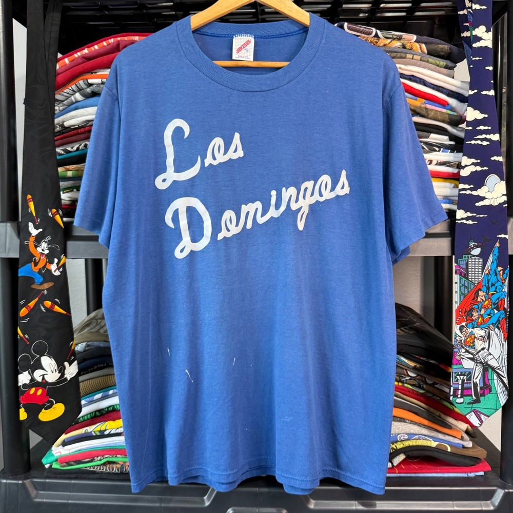 Vintage Blue Los Domingos Script Graphic T-Shirt XL Light Marks On Front